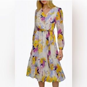 New! DKNY Women's Long Sleeve V-Neck Tie Waist Midi Dress Floral‎ Size 10 #J40